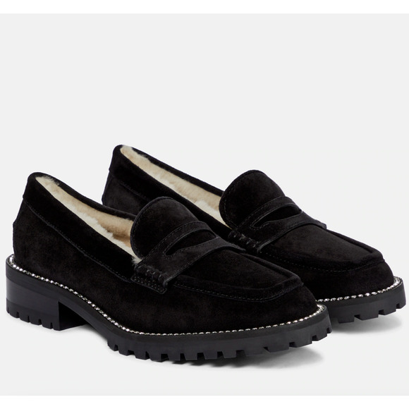 Jimmy Choo 9 CRYSTAL Suede Loafers SHEARLING LINED Chunky Lug Sole Deanna Black - Picture 2 of 10
